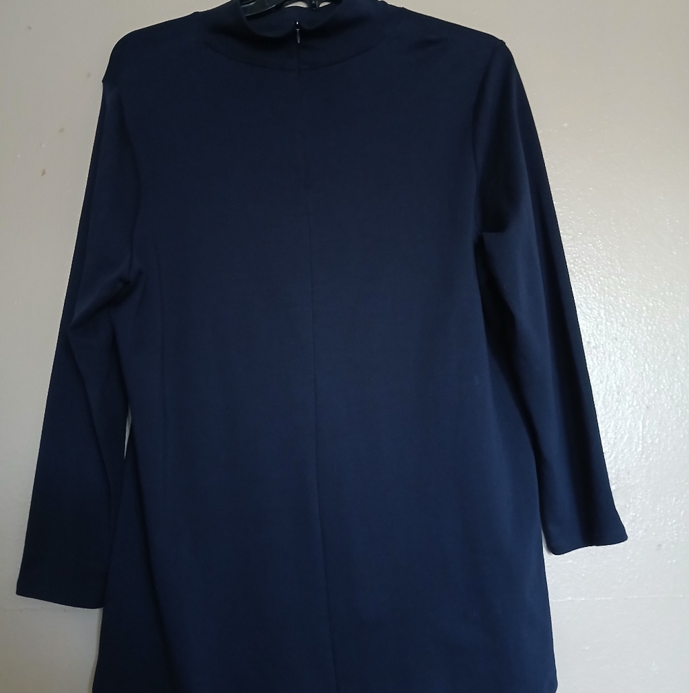 Chicos Tunic Top 3 / XL Navy Pima Cotton Mock Neck Zip Back Essential Capsule